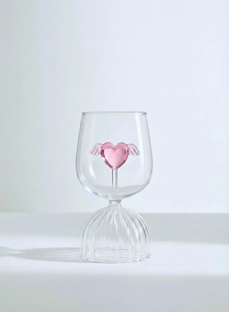 1Chase Pink Love Wings Glass Cup & Goblet, 350ML Decorative Borosilicate Wine Glass with Heart & Wings Design, Romantic Drinkware for Valentine’s Day